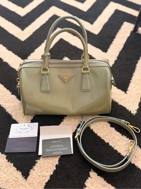 Prada Saffiano Vernice Medium Boston Bag  in Lago